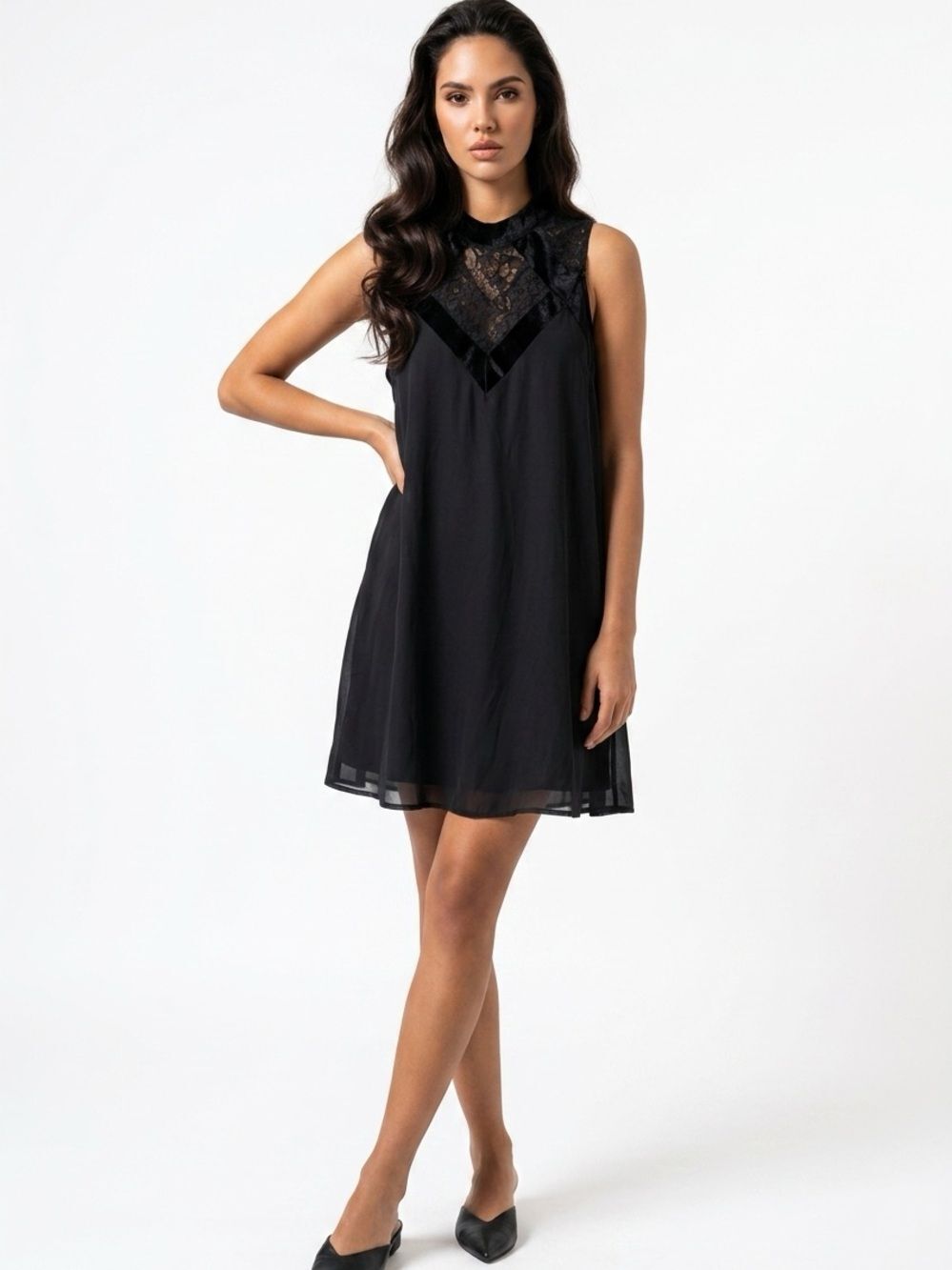 JANET CHUNG | Black Sleeveless Lace & Chiffon Dress Women’s Size Large